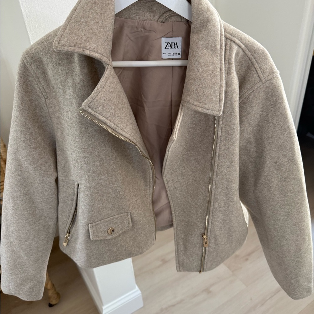 ZARA Taupe Cropped Wool-Blend Zip Jacket